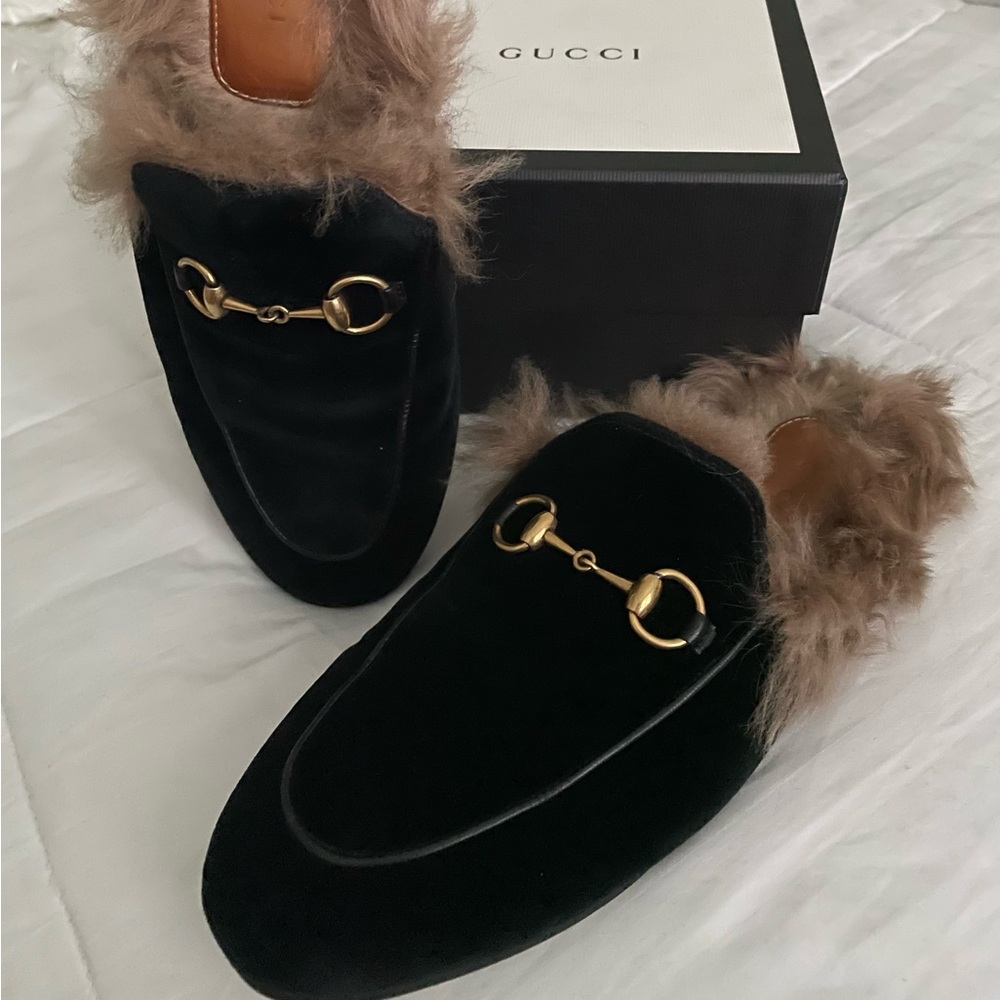 Gucci Velvet Fur Womens Princetown Slippers Mules Size 7.5